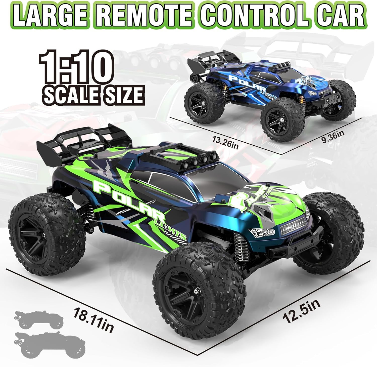 1:10 Large Rc Cars,18-Inch Remote Control Car Trucks with Lights,45+KM/H RC Off-Road Electric Truck, Includes 2 Rechargeable 2600mAh Batteries, Rc Cars for Adults & Boys