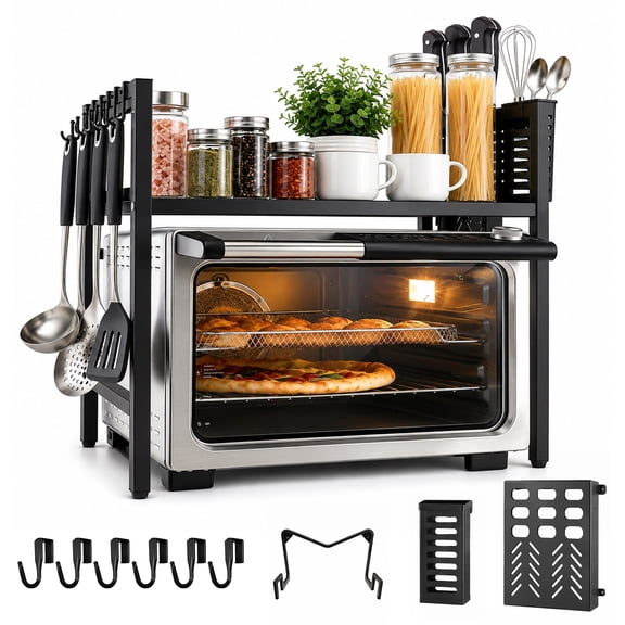 punada Expandable Microwave Oven Shelf, Adjustable 2 Tier Countertop Rack with Hooks, Kitchen Organizer for Microwave, Toaster & Tableware Storage