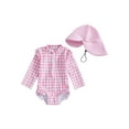 thumbnail image 1 of SUNSIOM Toddler Girls Rash Guard Swimsuit with Hat 2 Pcs Set Plaid Pattern Zip Up Long Sleeve Crew Neck Baby Girls Swimwears, 1 of 6