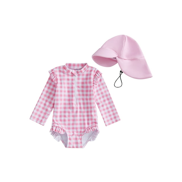Toddler Girls Rash Guard Swimsuit with Hat 2 Pcs Set Plaid Pattern Zip Up Long Sleeve Crew Neck Baby Girls Swimwears