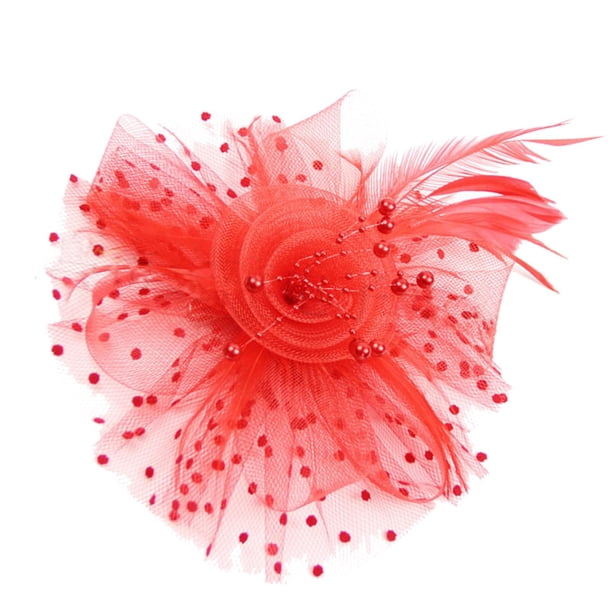 Diadema elegante con plumas de malla y flores para mujer, para fiestas de té, tocado, sombrero de iglesia Rojo