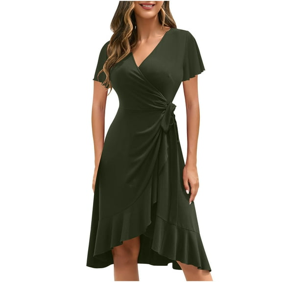 VSSSJ Women Spring Summer Wrap Midi Dress Casual V Neck Flutter Short Sleeve Tie Waist Long Dress Solid Color Ruffle Hem Slim Fit Dress