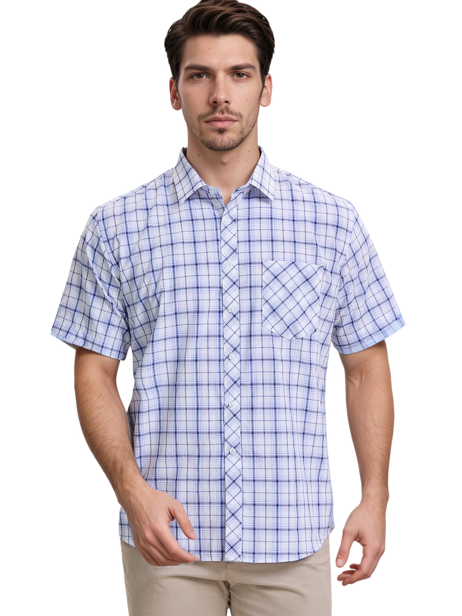 DARING DIVA Men's Plaid Short Sleeved Button Down Business Checked Dress Shirt M Blue