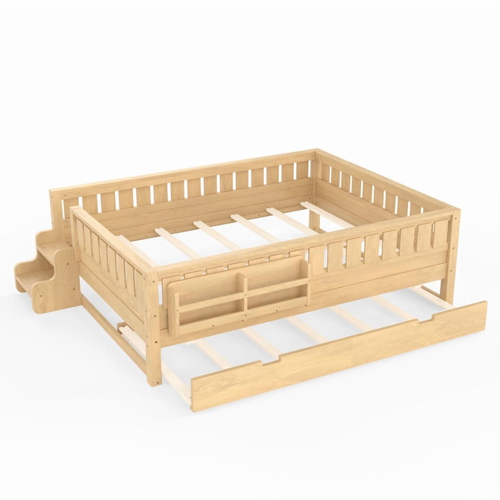 Queen Size Low-Profile Kid's Platform Bed with Built-in Bookshelves & Small Staircase, Wooden Bed Frame with Safety Rails & Trundle