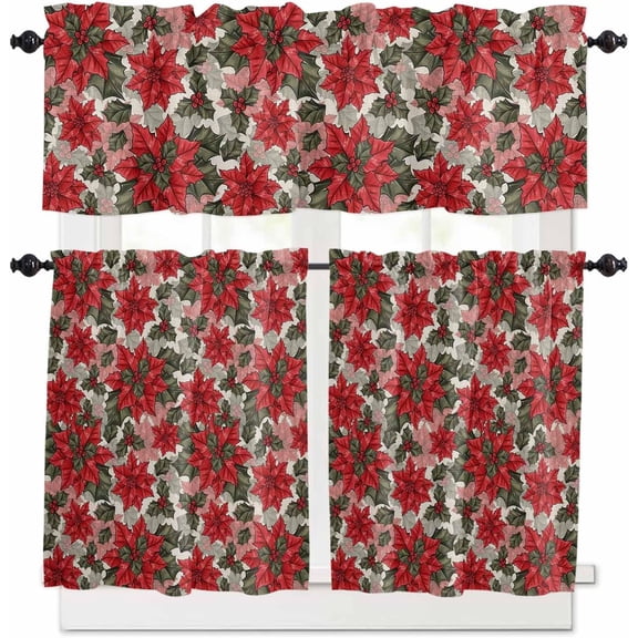 Christmas Kitchen Curtains and Valances Set, Rod Pocket Curtains Tier Farmhouse Window Curtains 24 Inch Length, Red Flowers Leaves Botanical Plants Retro 3 Piece Kitchen Curtains Set