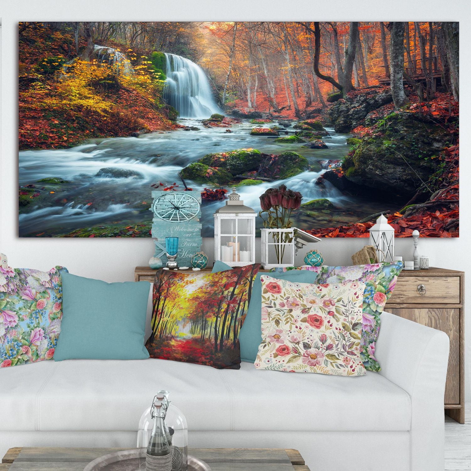 Designart Autumn Mountain Waterfall Long View Canvas Wall Art