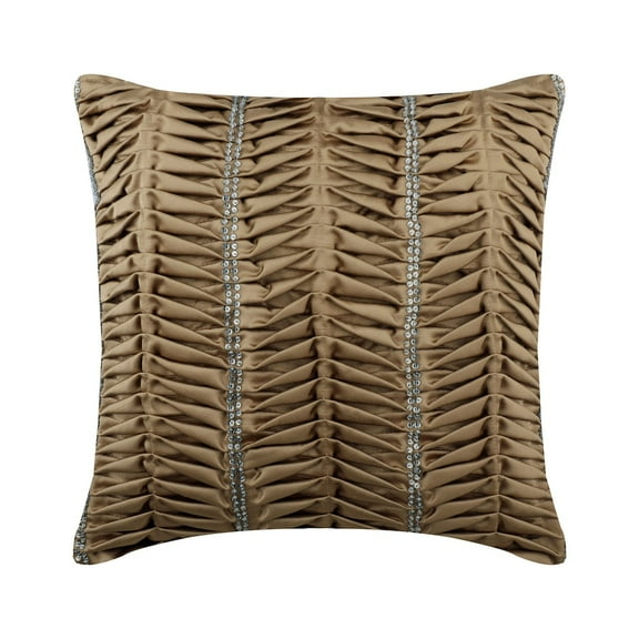 Pillow Covers, Dull Gold 16"x16" (40x40 cm) Cushion Cover, Satin Textured, Pintucks & Crystals Throw Pillow Cover For Sofa, Solid Color Pattern Modern Style - Dull Gold Ceremony