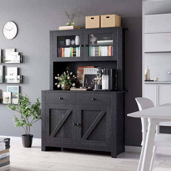 Kitchen Pantry Storage Cabinet with Microwave Stand Coffee Bar Cabinet Freestanding Hutch Cabinet with 4 Doors and Adjustable Shelves Tall Pantry for Kitchen Dining Room Black