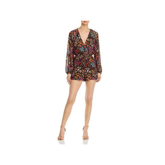 YUMI KIM Womens Black Sheer Floral Surplice Neckline Evening Romper M