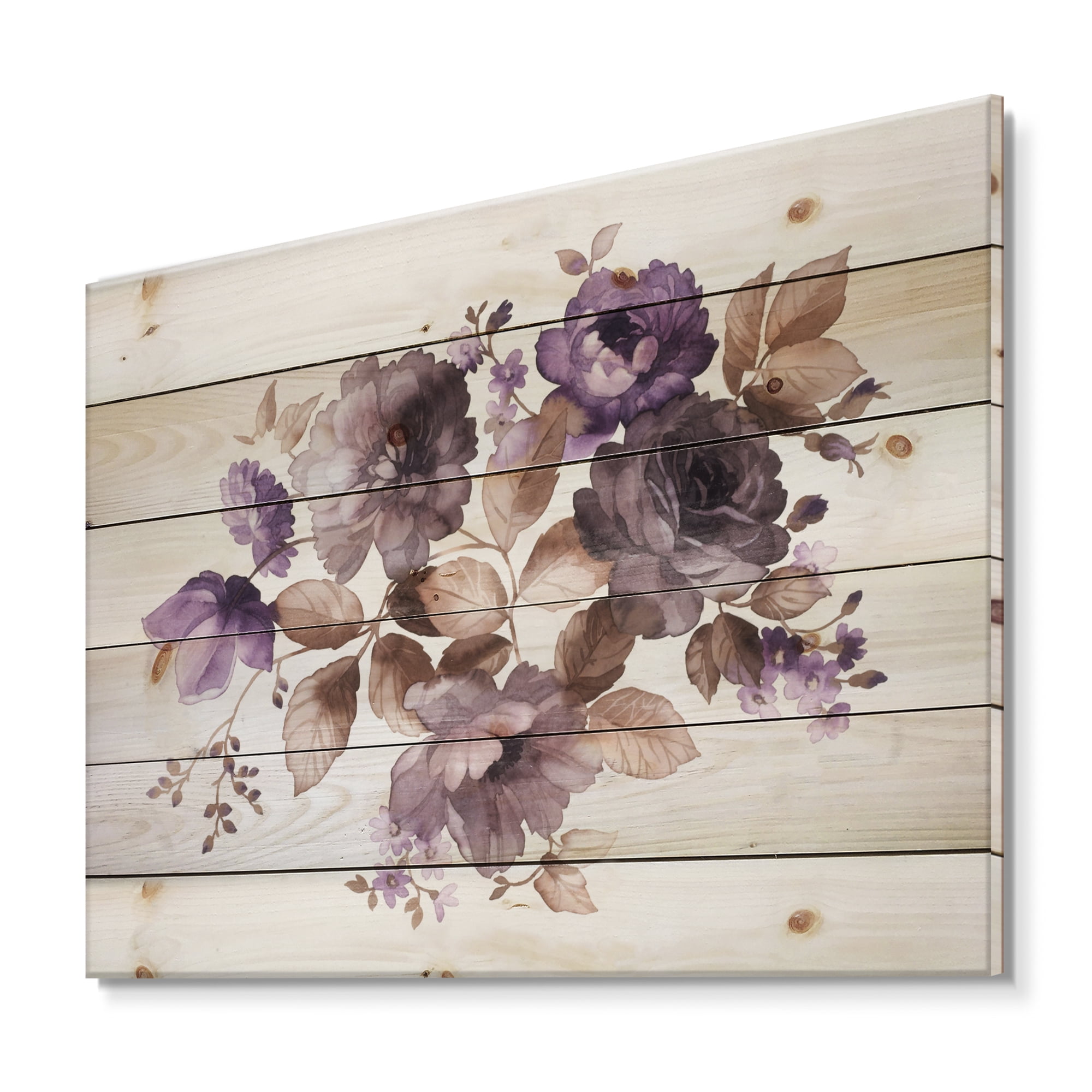 Designart 'Purple Retro Flowers With Brown Leaves On White' Traditional Print on Natural Pine Wood