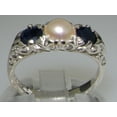 thumbnail image 3 of LBG British Made Luxury Solid 10K White Gold Natural Sapphire and Cultured Pearl Trilogy Ring, 3 of 7