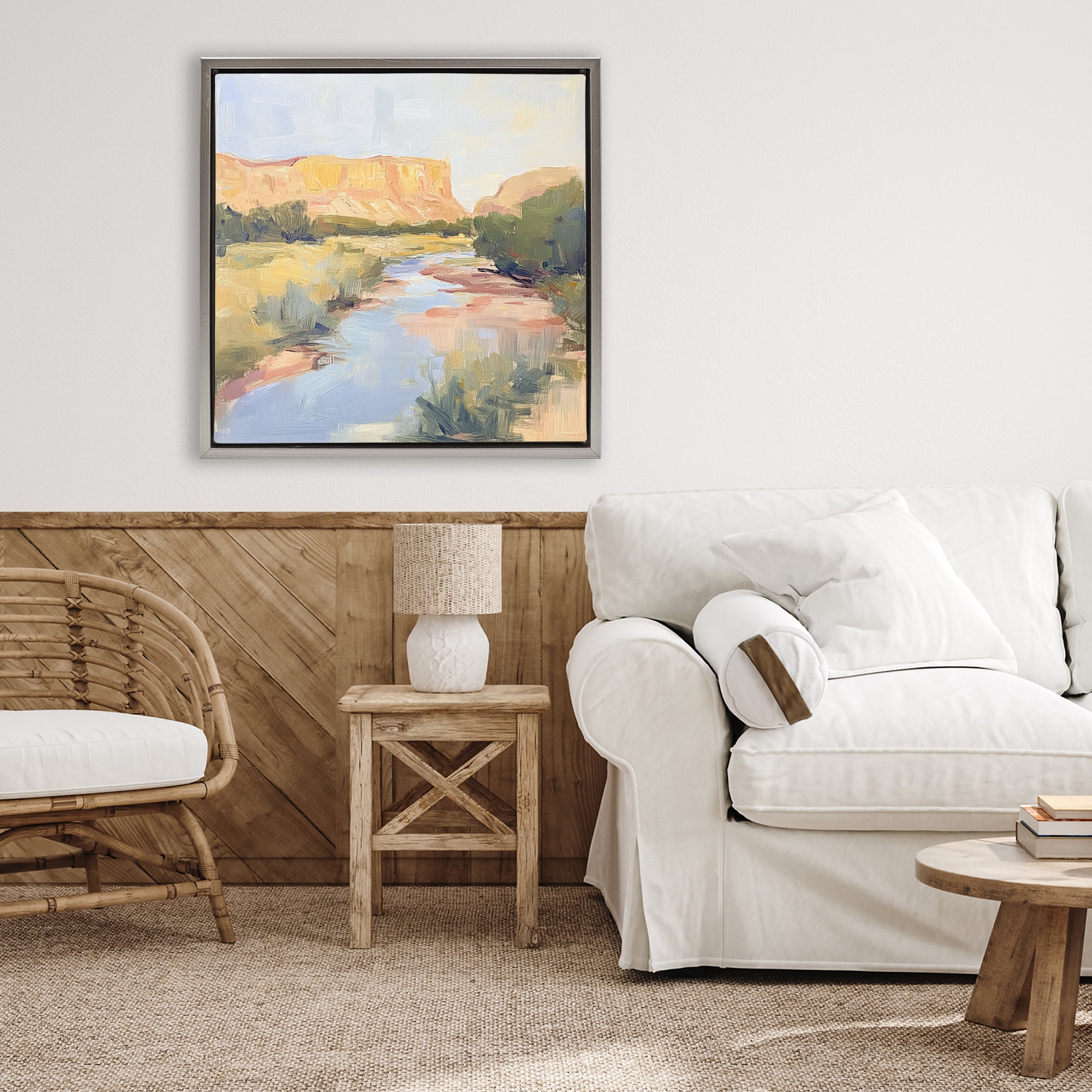 Stupell Industries Painted Plateau River Reflection Gray Framed Floater Canvas Wall Art, design by Petal Prints Design