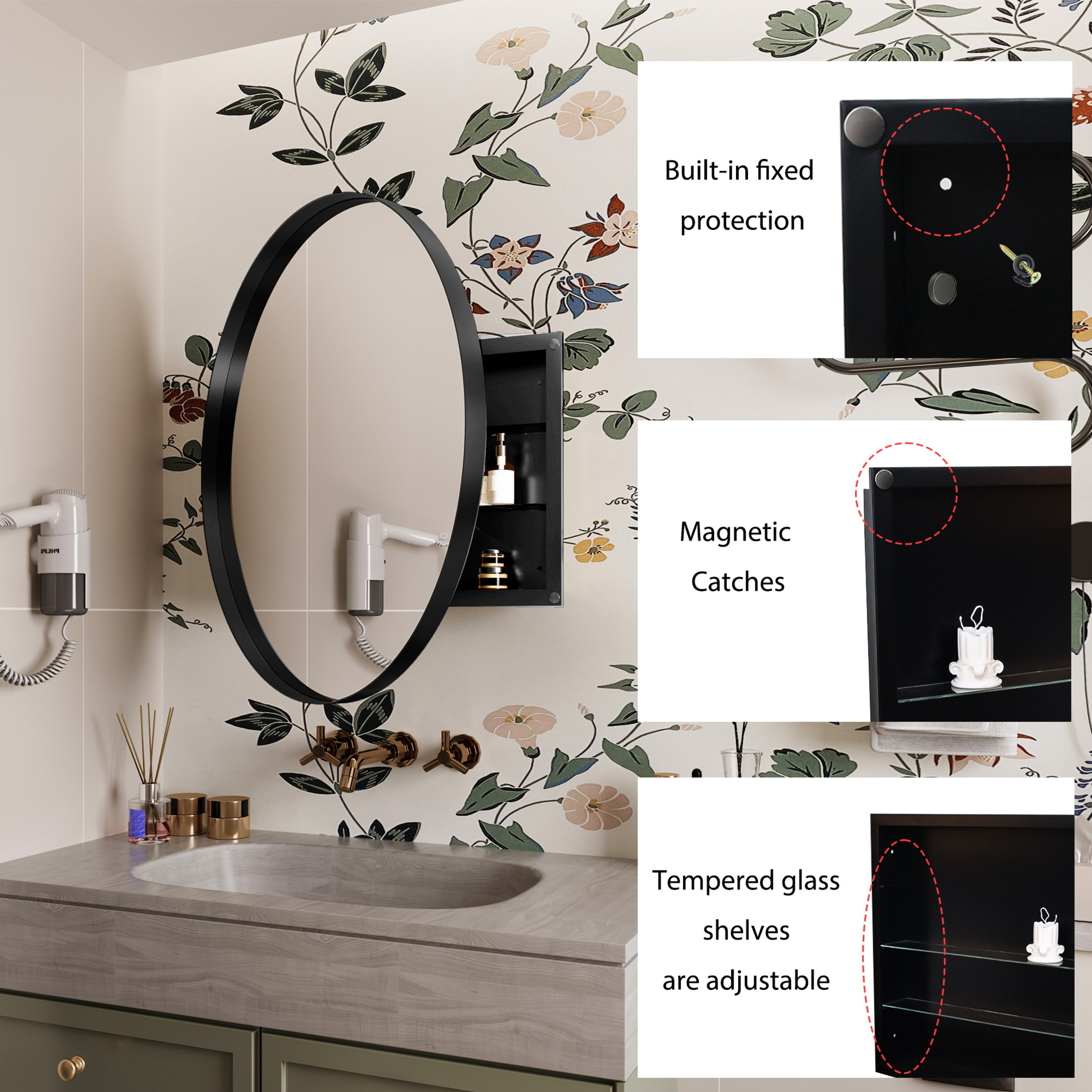 Noble House 31.5" Round Medicine Cabinet with Mirror, Metal Frame & Adjustable Glass Shelves for Bathroom, Matte Black
