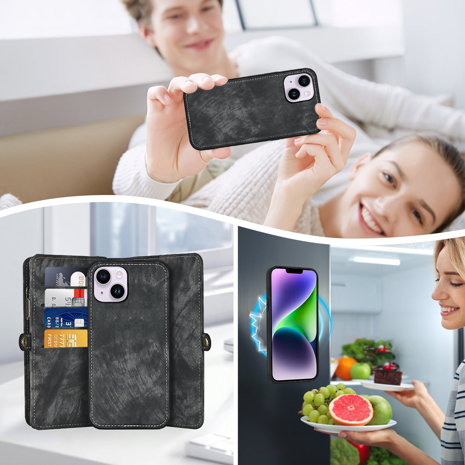 Asuwish Compatible with iPhone 14 Plus 6.7 inch Phone Case Zipper Wallet Screen Protector Lanyard Strap Flip Card Holder Cell Cover for i-Phone 14+ iPhone14Plus 5G i i14 + iPhone14 14Plus Women Black