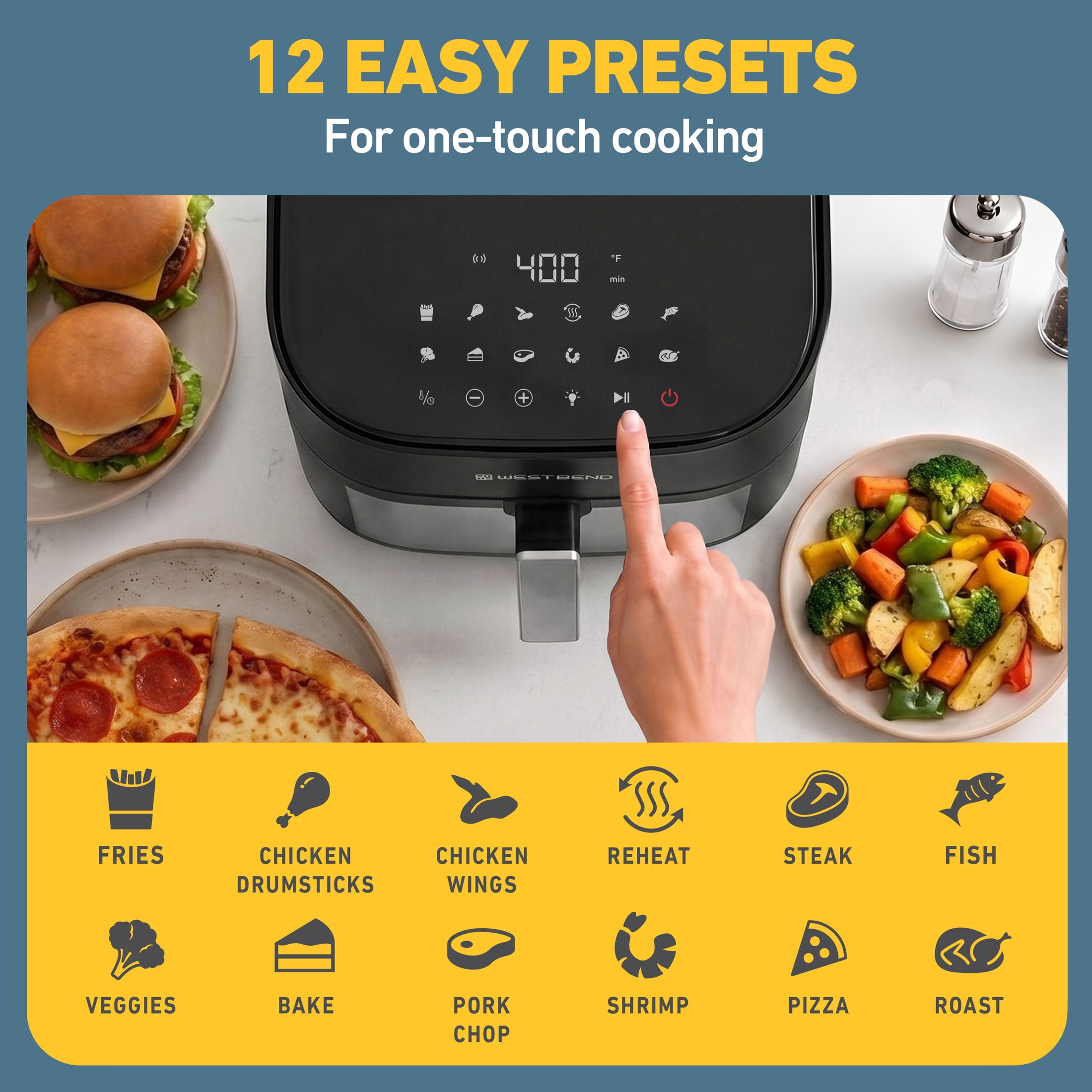 West Bend 7 Quart Digital Air Fryer, 12 Presets, Non-Stick Basket, Easy Cleanup, in Black (AFWB7DBK13)