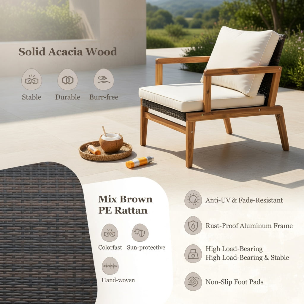Hommoo 3-Piece Outdoor Patio Furniture Set, 2 Cushioned Rattan Chairs + Tempered Glass Side Table, PE Rattan & Polyester Cushions, Acacia Wood & Metal Frame, Brown