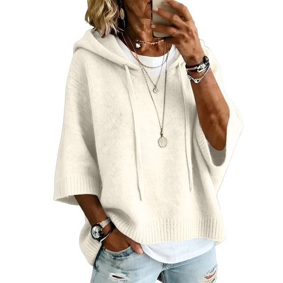Women Hooded Knitted Sweater Drawstring 3/4 Sleeves Loose Oversized Pullover Ribbed Batwing Sleeve Soft Fabric Solid Casual Fashion Winter Daily Wear