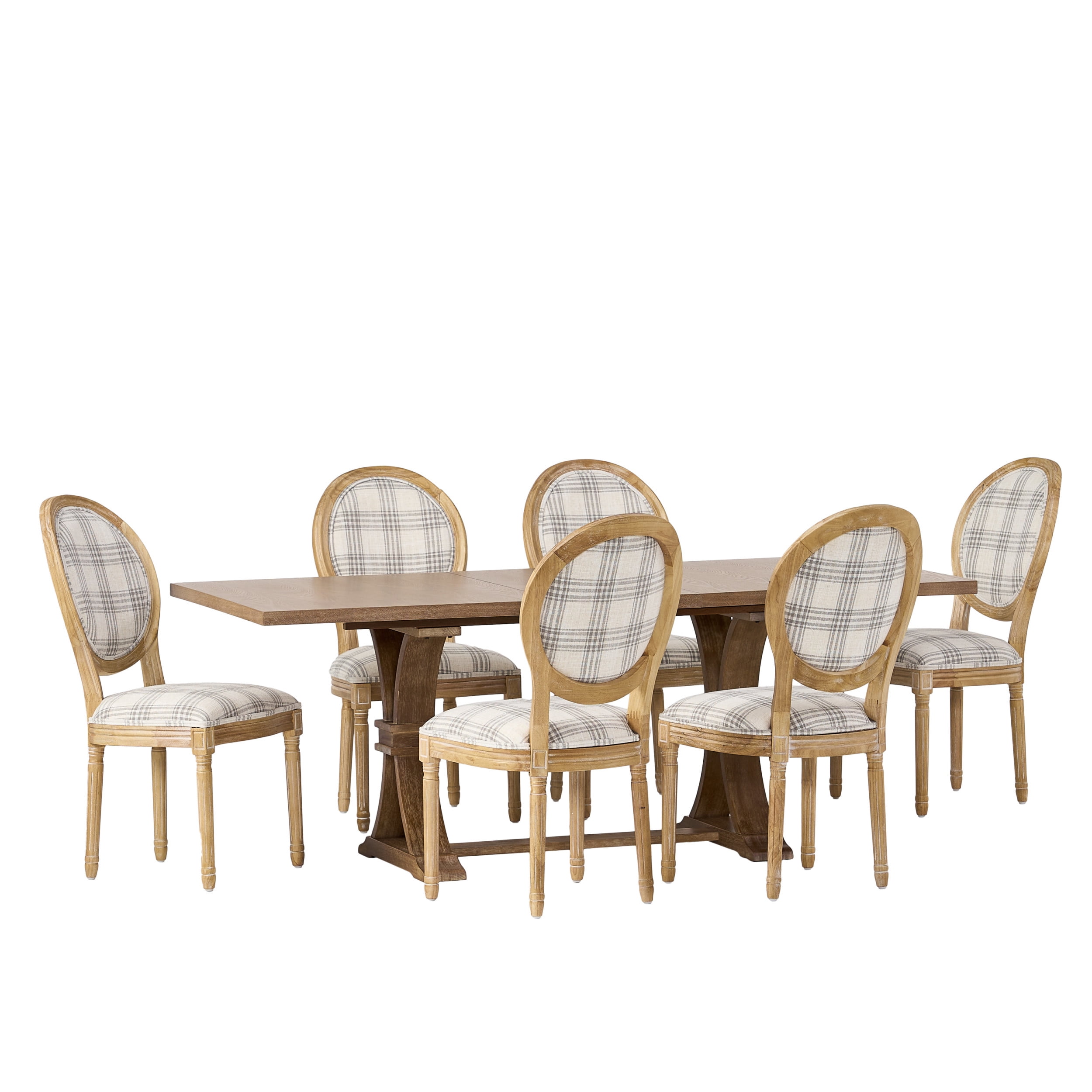 Noble House Dored Fabric and Wood 7 Piece Dining Set, Gray Plaid and Natural