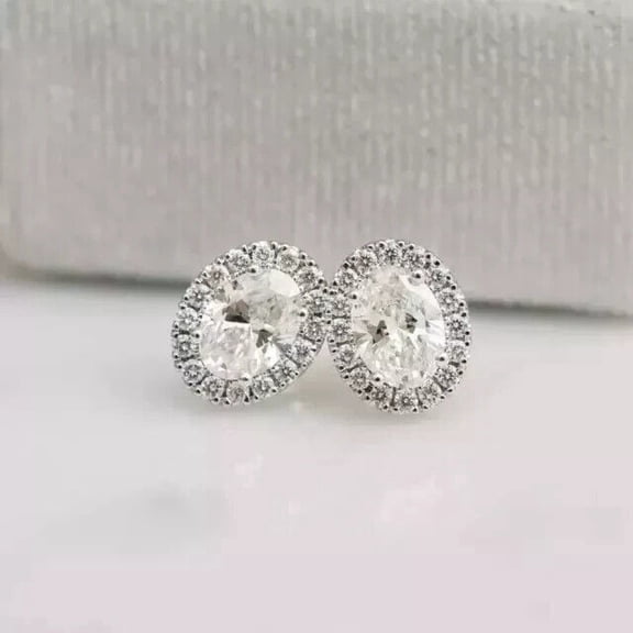 2.50Ct Oval Cut Lab Created Diamond Push Back Halo Women's Stud Earrings 14K White Gold Plated