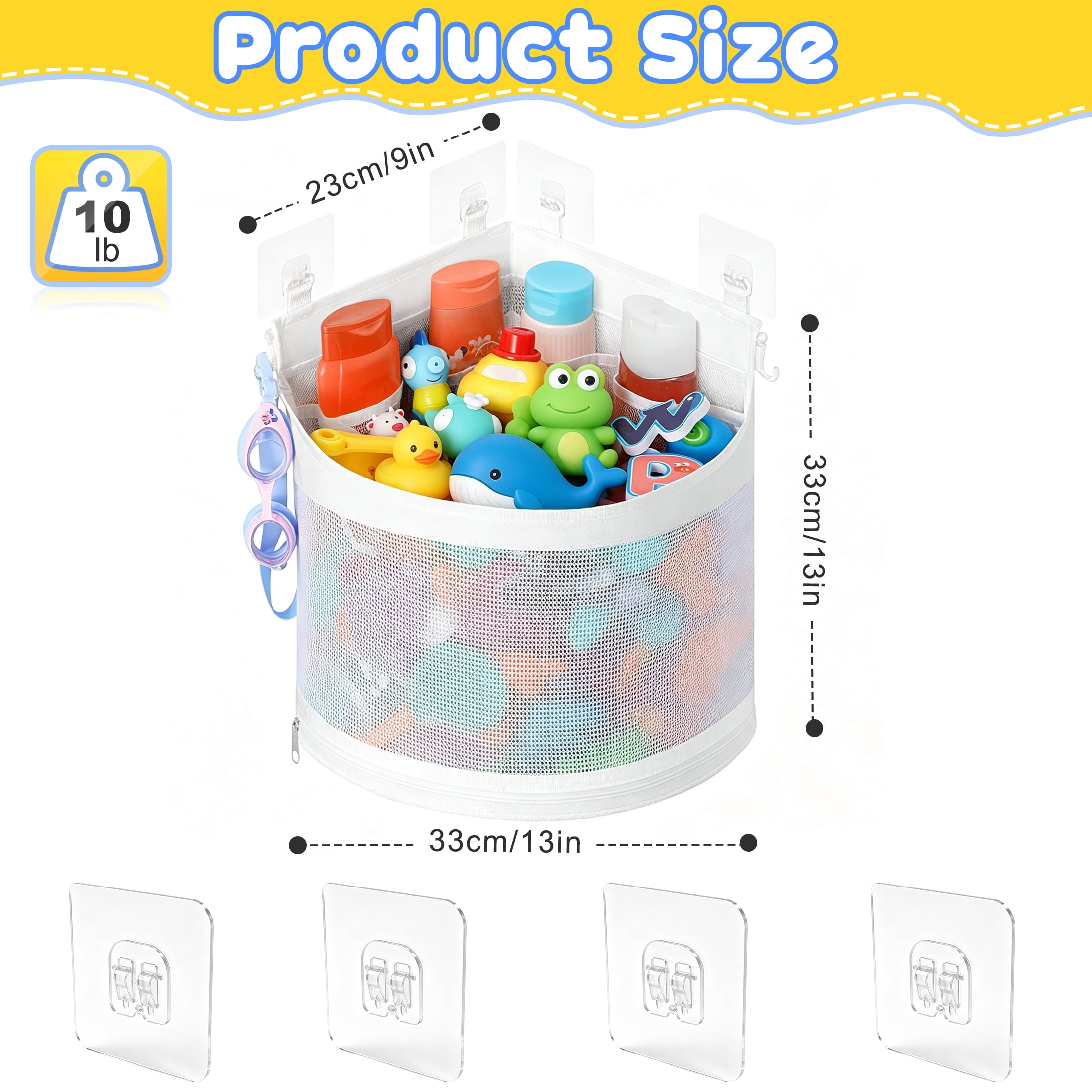 Corner Mesh Bath Toy Storage Caddy with Adhesive Hooks, Quick Dry Hanging Bathtub Toy Organizer Basket, Space Saving Triangle Shower Toy Holder for Kids