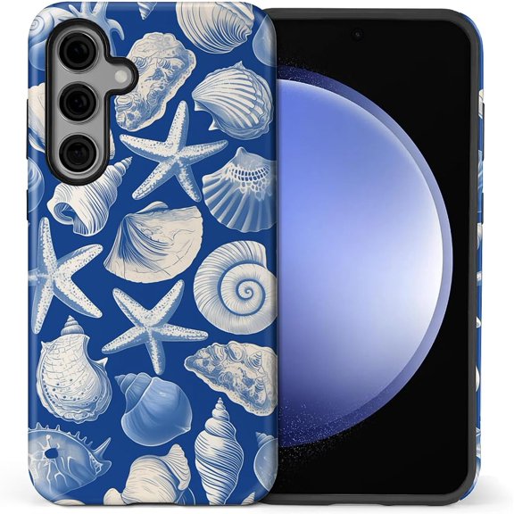 Compatible with Samsung Galaxy S24 Full Body Matte Case Hard Shell Shockproof Screen Lens Protection for Girl Boy Cute Pattern Featuring Sea Life Starfish Conch Shells Ink