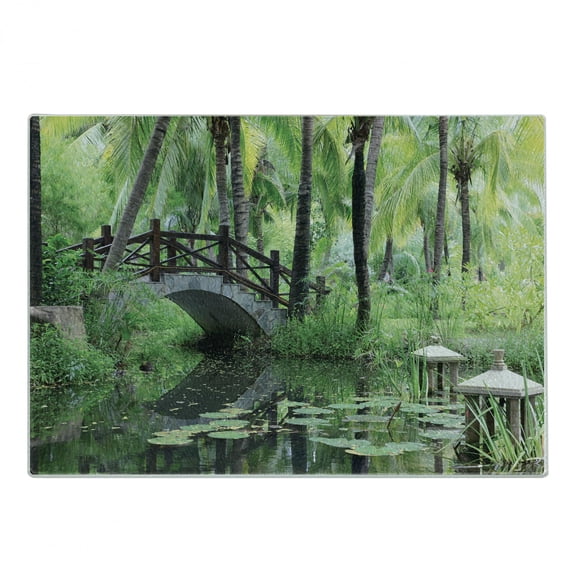 Peace Garden Cutting Board, Green Landscape in South China Palm Trees and Bushes Growth Nature, Decorative Tempered Glass Cutting and Serving Board, Small Size, Green Grey Brown, by Ambesonne