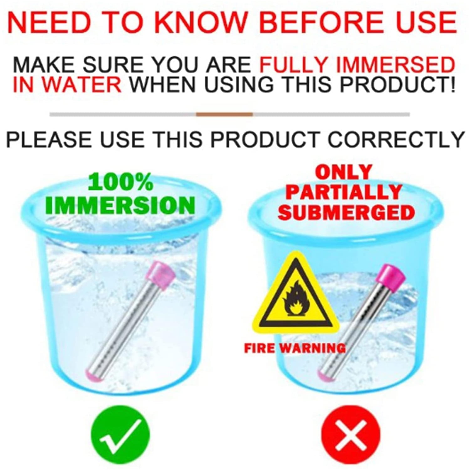 Immersion Water Heater, Portable Bucket Heater with Switch + Temperature Control, 304 Stainless Steel Anti-scalding, Submersible Water Heater Bathtub Heats up to 5 gallons of Water in Minutes