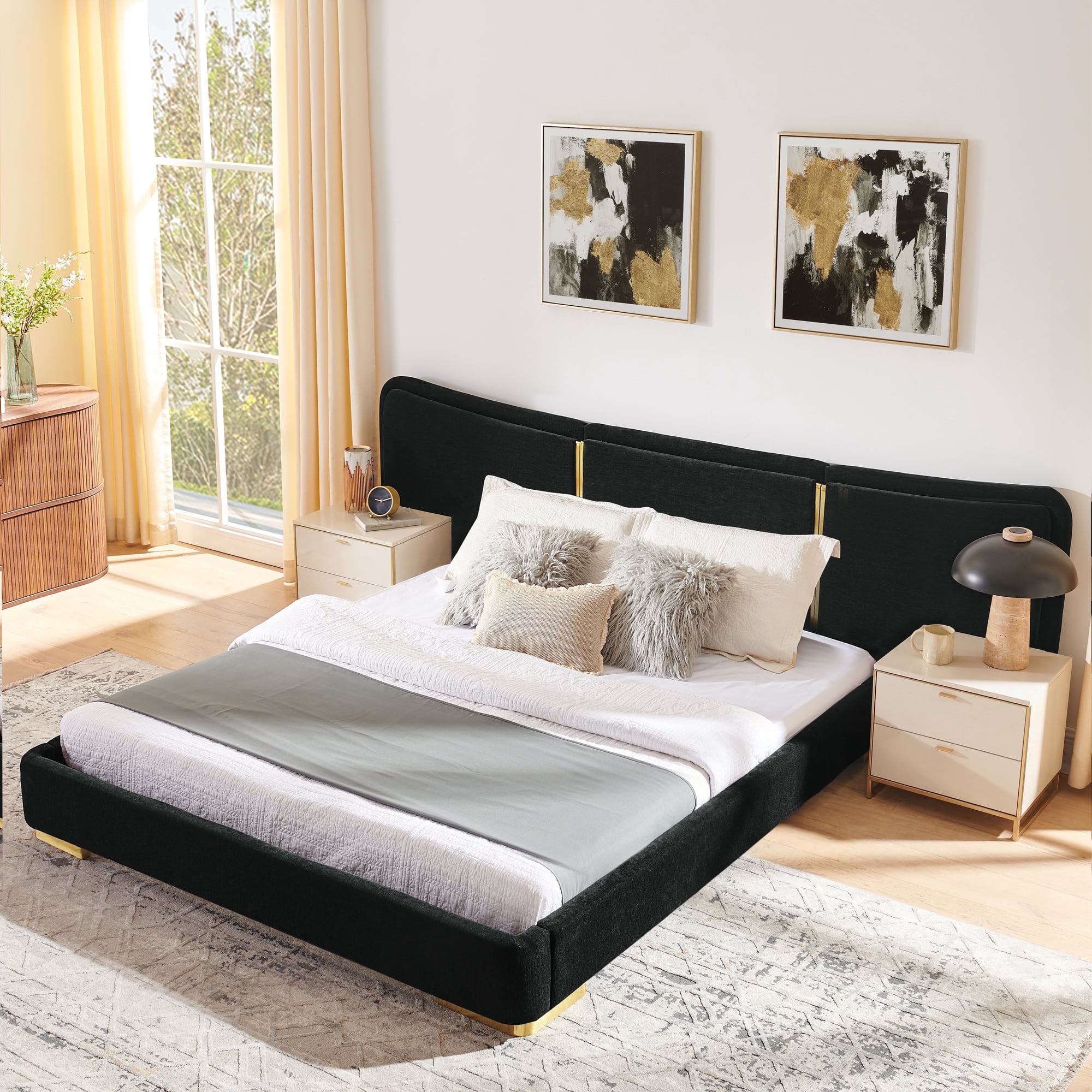 Queen Size Platform Bed with Extra Large Curved Headboard in Black