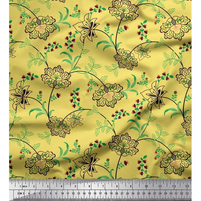 Soimoi Modal Satin Fabric Leaves & Floral Artistic Printed Fabric 1 Yard 42 Inch Wide