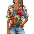 thumbnail image 2 of Gamivast Placed Summer Shirts for Women Short Sleeve V Neck Blouses Shirts Floral Double Layers Tunics Tops Vacation Casual Trendy Loose Fit Shirts Red XXL Recent, 2 of 6