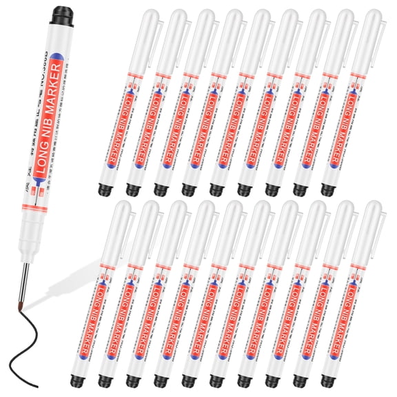 Grusce 20 Piece Black Long Nib Markers, 20 mm Long Head Deep Hole Marker Pens, Fine Nose Tip Deep Reach Permanent Paint Markers for Metal, Construction Markers, Marking Pen for Drilling, Woodworking