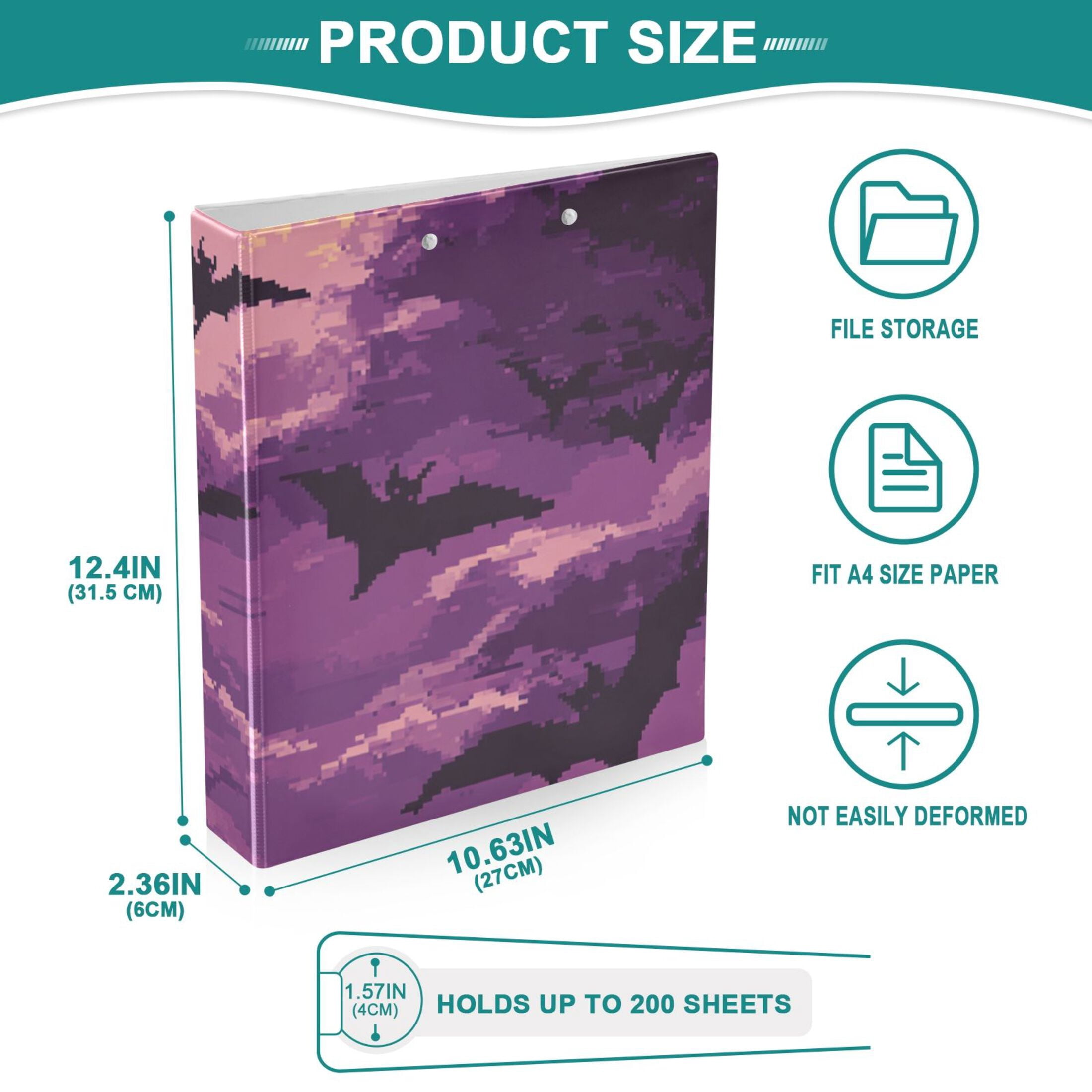 Pixel Bats 3 Ring Binders 1.5 inch Hardcover File Folders with Interior Pockets A4 Size Organizer for School Office Hospital