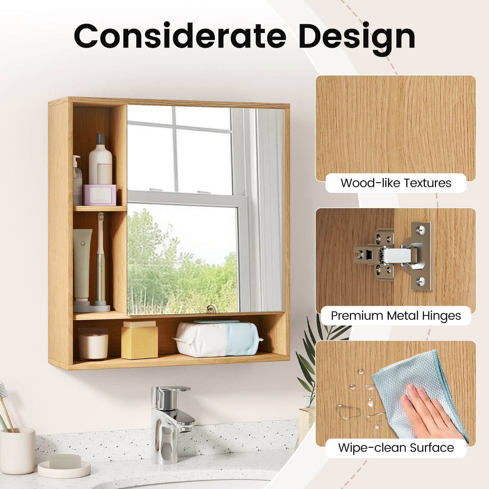 Costway Bathroom Wall Cabinet with Mirror, Single Door, 3 Open Shelves & Adjustable Shelf Natural