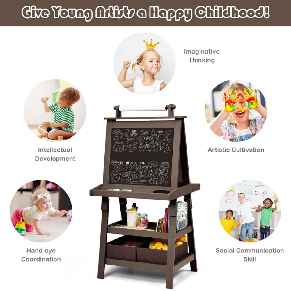 Spaco 3-in-1 Double-Sided Storage Art Easel, Toddler Art Easel for Kids Ages 3-8, Educational Toys Gifts for Kids, Brown