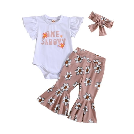 

aturustex 6M 12M 18M 24M 3T 4T Toddler Baby Girl Cute Birthday Outfit Romper T-Shirt Flower Bell Bottom Pants Headband Set 3Pcs