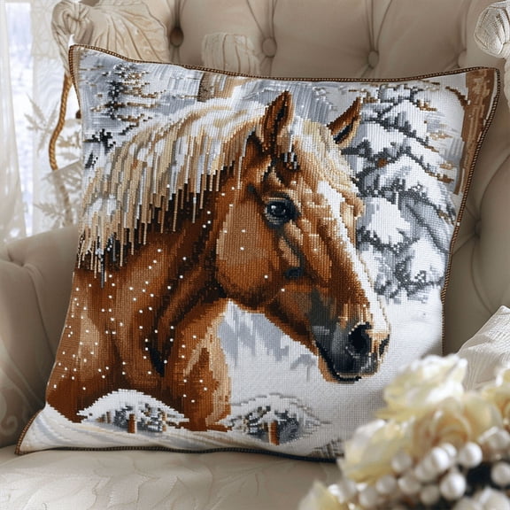 Horse Cross Stitch Pillow Kit DIY , 45X45cm , DIY Needlepoint Handmade Embroidery Kit Home Decoration for Bedroom Sofa (11 Count)