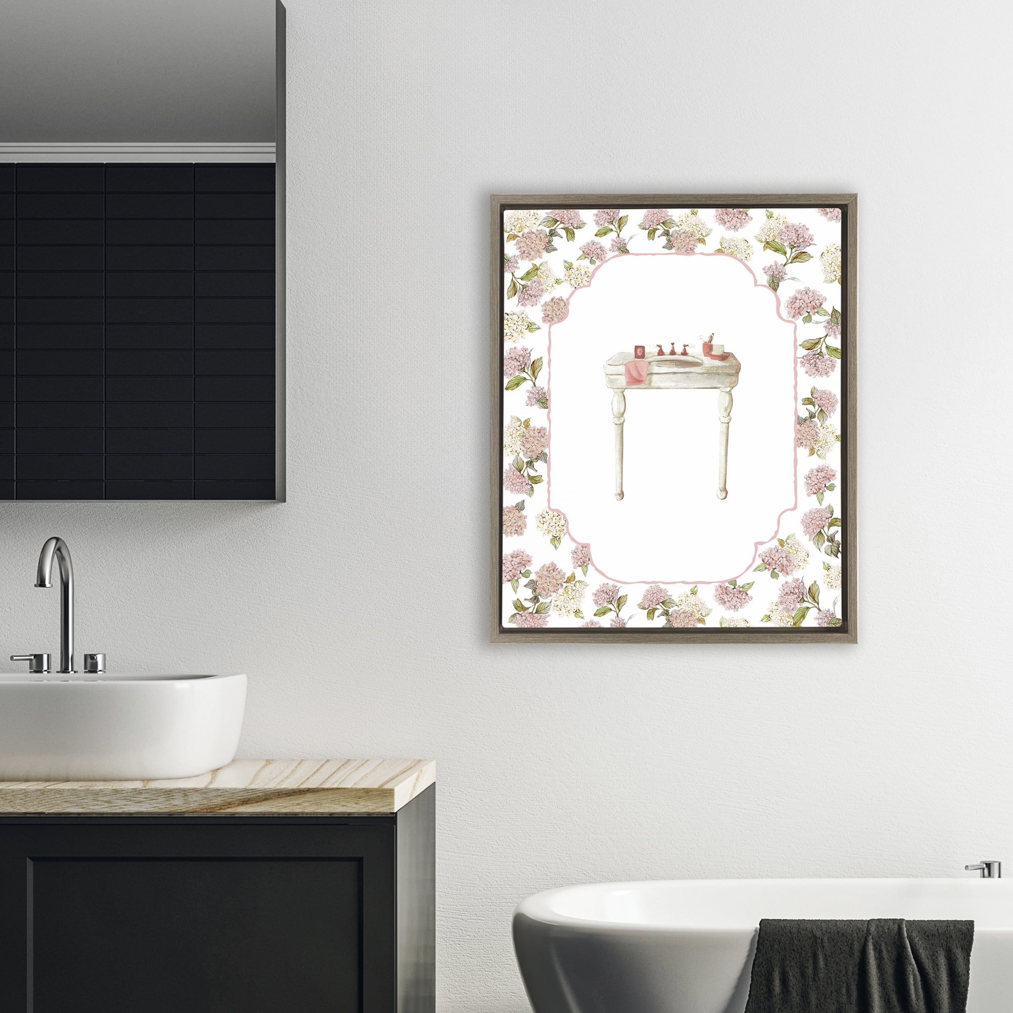 Stupell Industries Elegant Hydrangeas Vanity Brown Framed Floater Canvas Wall Art, design by Carol Robinson