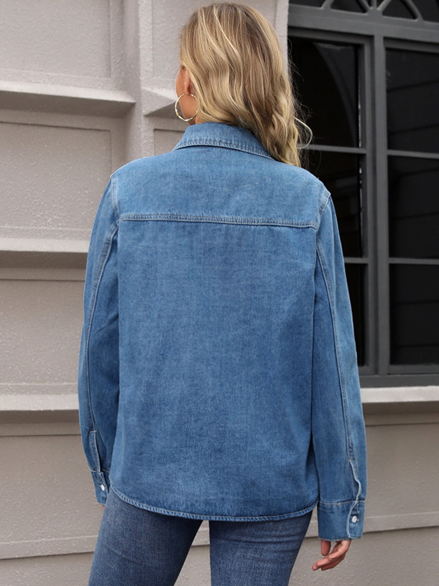 DARING DIVA Women's Button Down Long Sleeve Western Shacket With Pockets S Blue