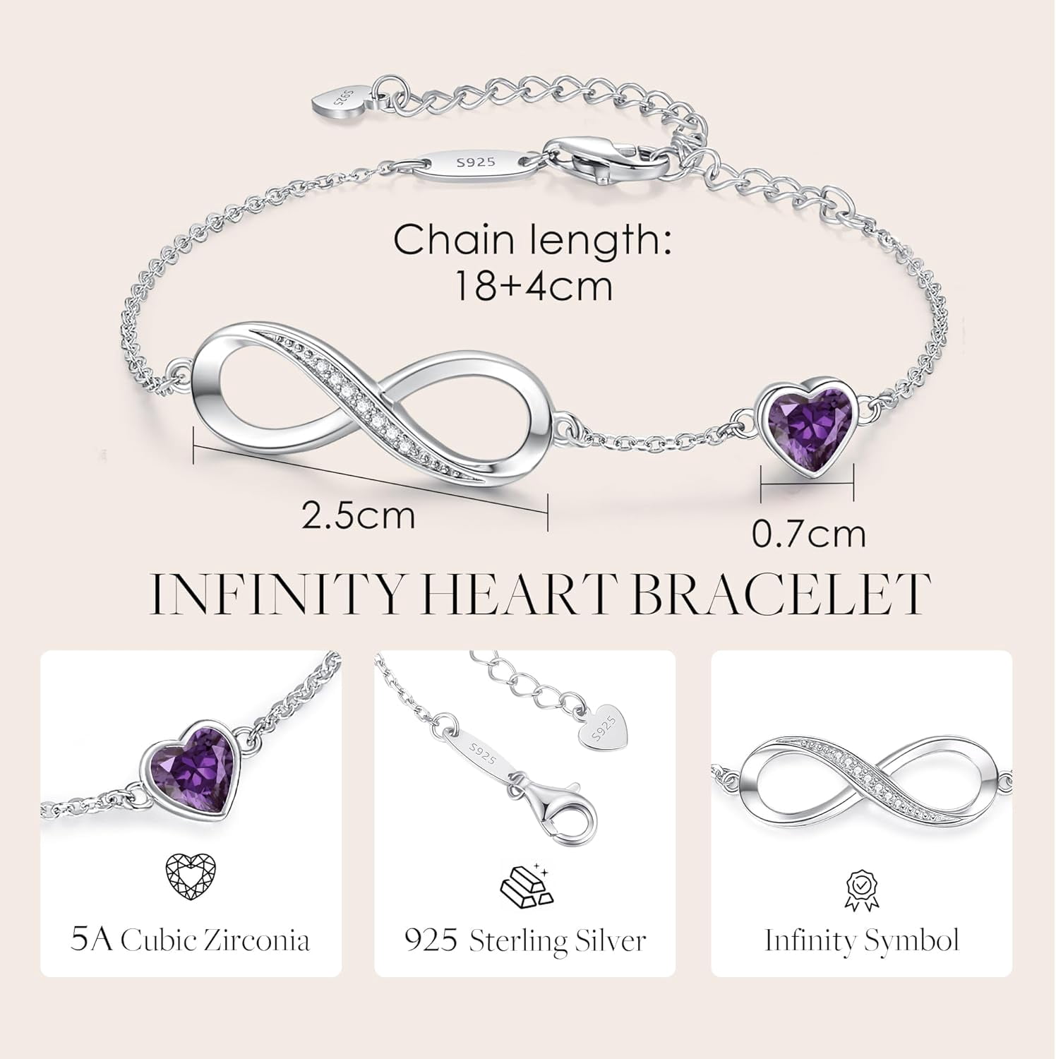 Leander Infinity Heart Birthstone Charm Link Bracelet for Women 925 Sterling Silver Adjustable Mother's Day Gift Anniversary Birthday Jewelry for Wife Girlfriend Her