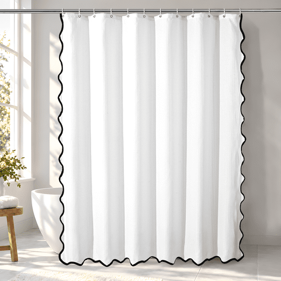 Ikfashoni Scalloped Shower Curtain with Hooks,Waterproof Waffle Fabric Bathroom Curtain with Black Border, White