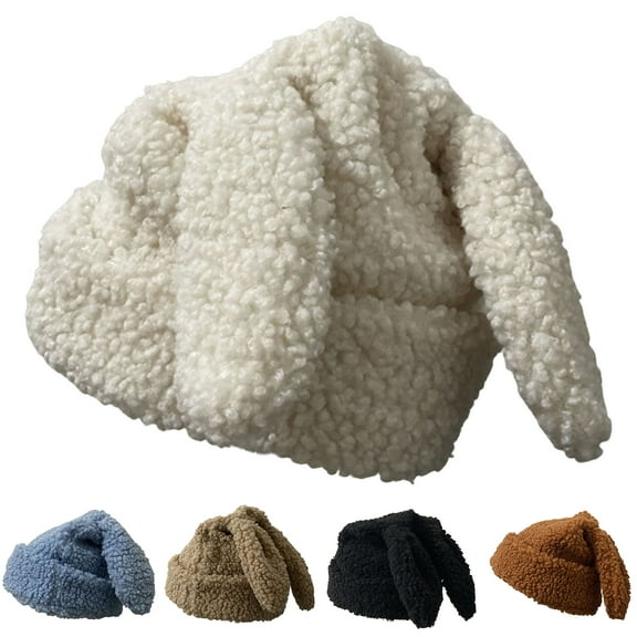 D-GROEE Floppy Sherpa Beanie Hats Cute Bunny Ears Funny Hat Fluffy Winter Cap Warm Rabbit Skull Cap Outdoor Slouchy Hat