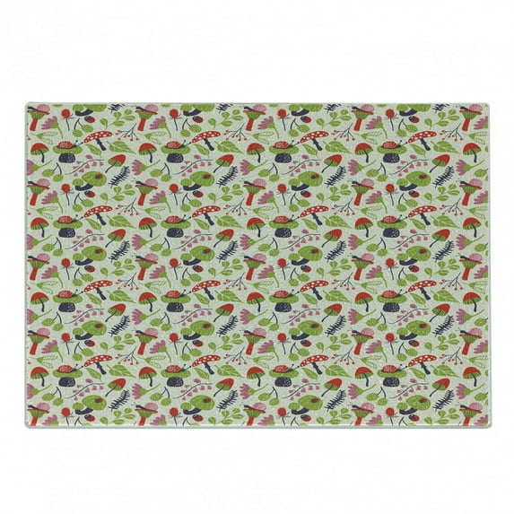 Mushroom Cutting Board, Forest Life Themed Pattern with Ladybird Snail Flower and Leaf Characters, Decorative Tempered Glass Cutting and Serving Board, Small Size, Multicolor, by Ambesonne