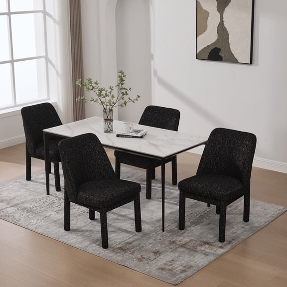 MDQMD Modern Dining Chair Set of 4,Chenille Fabric Dining Chairs with Wood Legs,Upholstered Dining Room Chair with Curved Backrest,Black