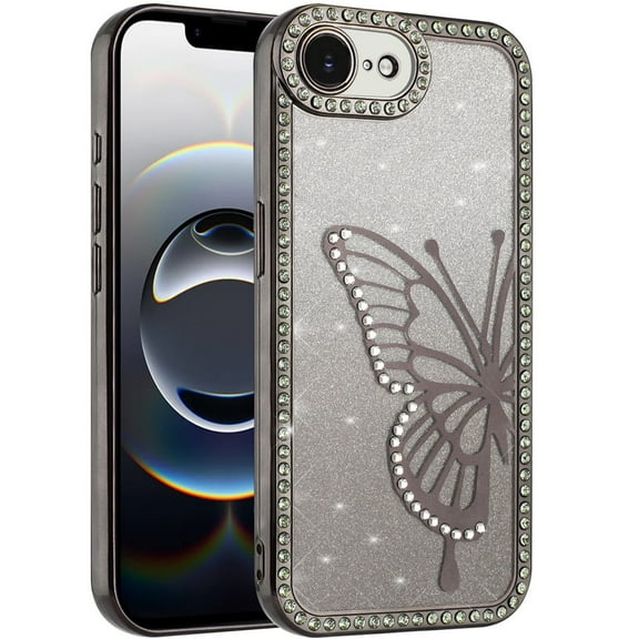 XPM for Apple iPhone 16e Phone Case, Butterfly Glitter Diamond Shimmer Hybrid Slim & Stylish Electroplated Sparkly Bling Shockproof TPU Protective Cover for Apple iPhone 16 E (6.1") (Black)