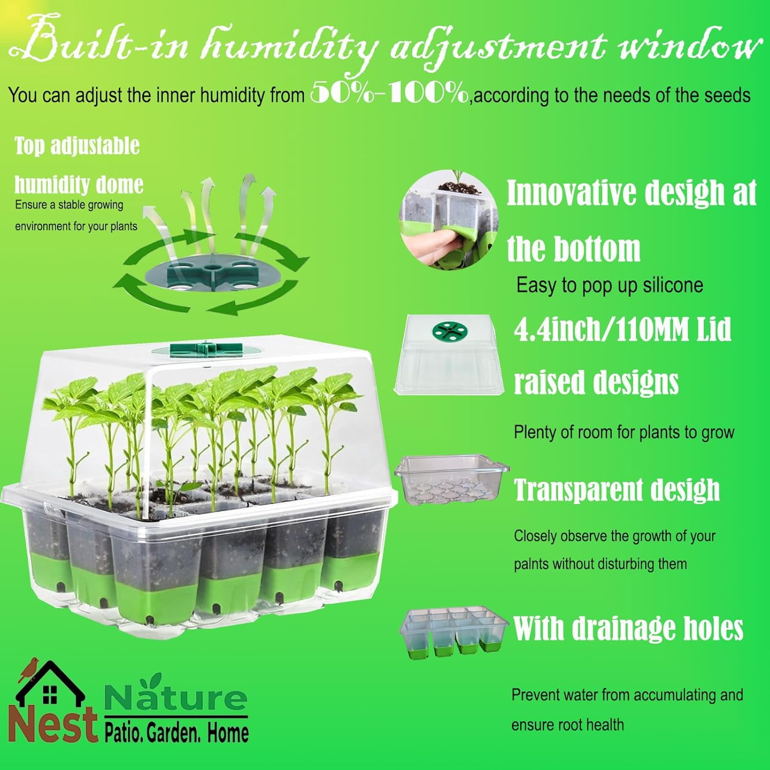 Flexible Germination Trays, Reusable 60-Cell Seed Starter Trays With Humidity Dome & Lids, Flexible Pop-Out Design, BPA-Free Silicone Seedling Kit & Dishwasher Safe for Herbs/Vegetables/Flowers
