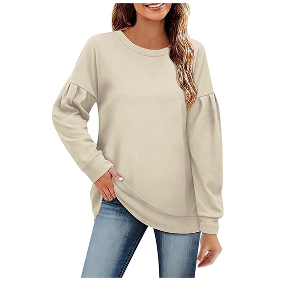 XFLWAM Womens Sweatshirts Crewneck Loose Tops Ruffle Long Sleeve Shirts Pullover Beige L