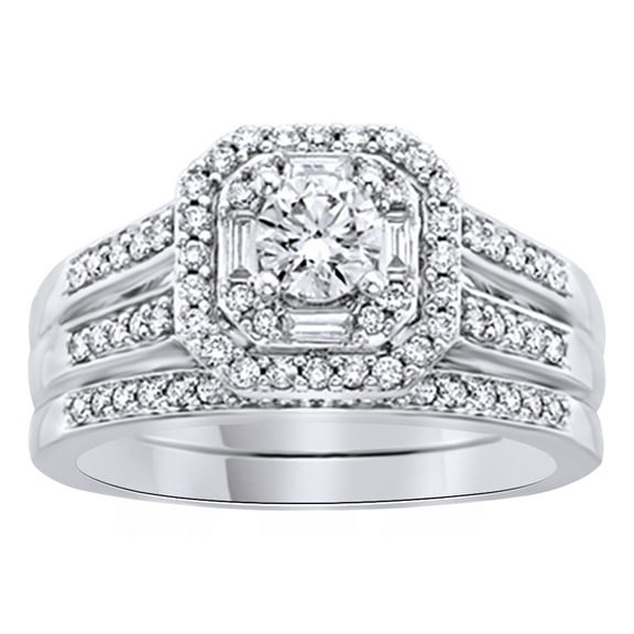 Round cut White Natural Diamond Halo Bridal Wedding Ring Set In 14K Solid White Gold (1 Ct)