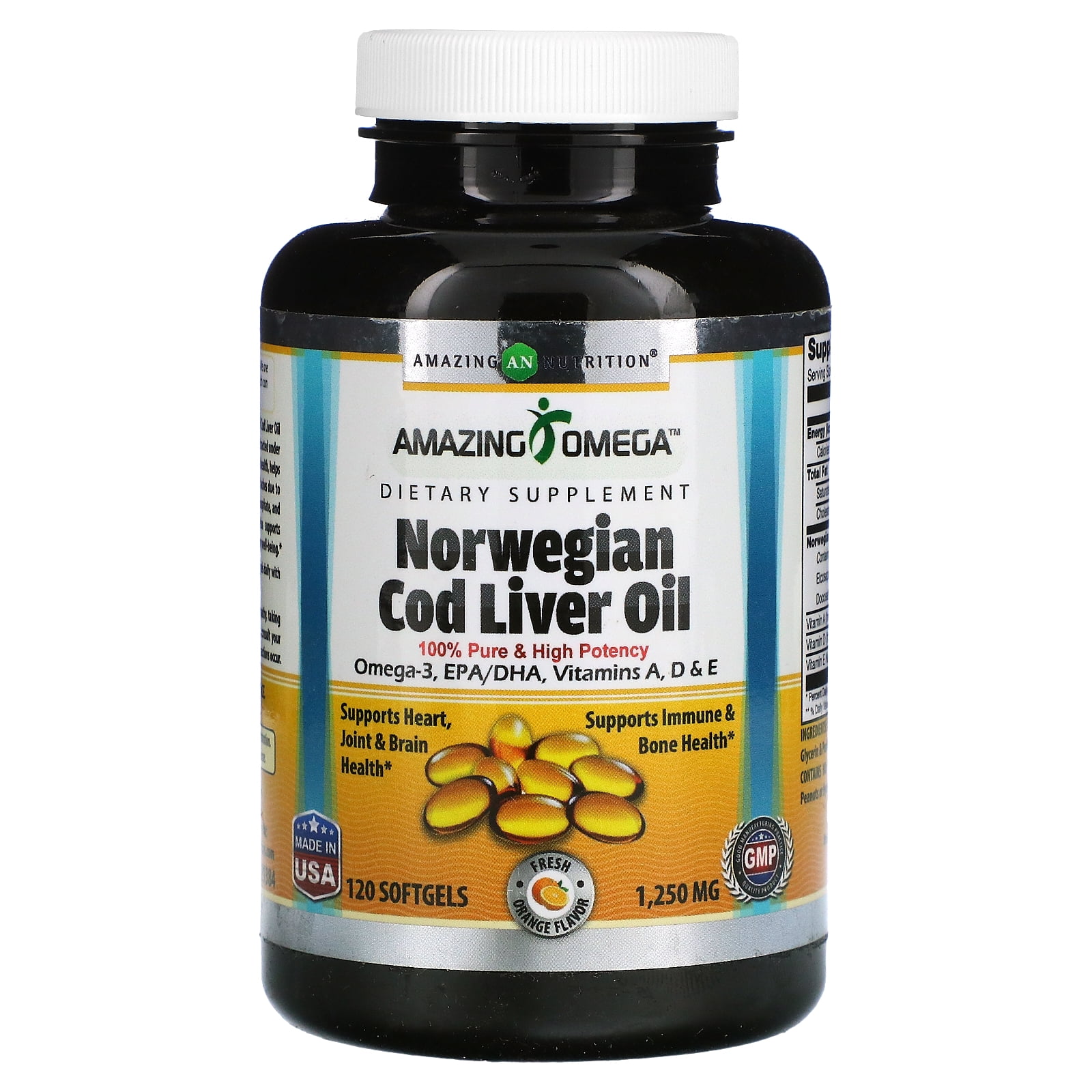 Amazing Omega Norwegian Cod Liver Oil 1250mg 120 Softgels Orange Flavor