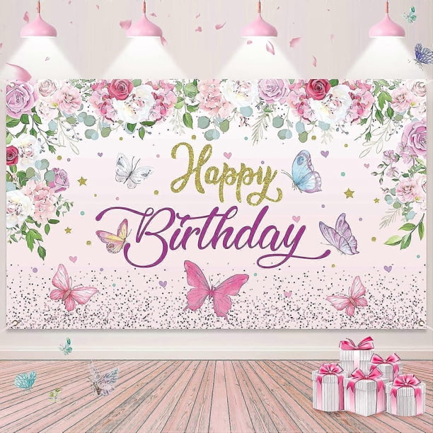 Butterfly Happy Birthday Banner, Pink Butterfly Decorations for Girl Women Butterfly Backdrop for Baby Shower and Fairy Birthday Decorations, Butterfl