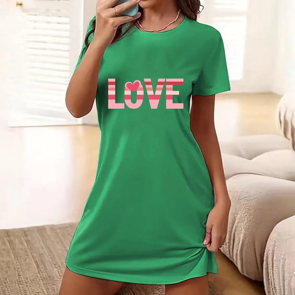 Valentine's Day Nightgown for Woman Short Sleeve Night Dress Heart Printed Sleepshirt Cute Holiday Sleepwear Soft Nightwear Green XL